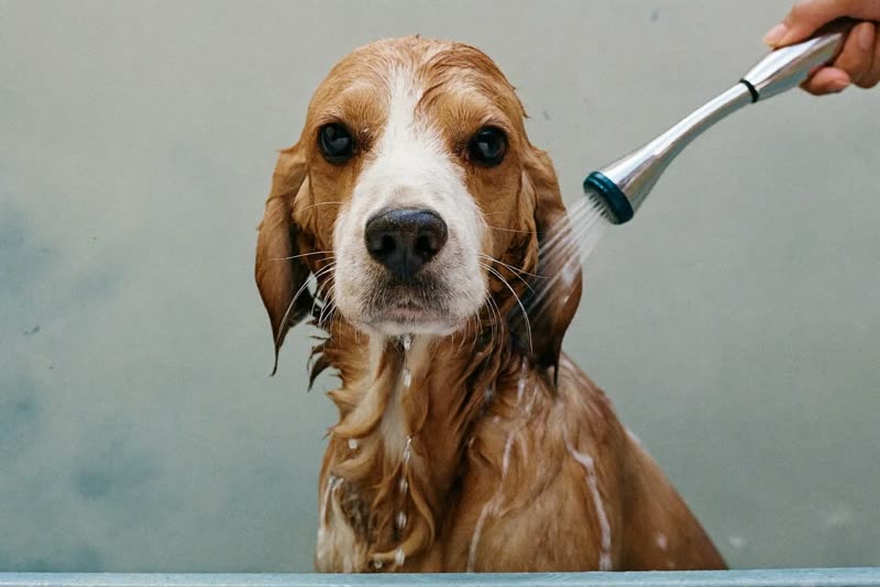 A spaniel being rinsed in the grooming bath